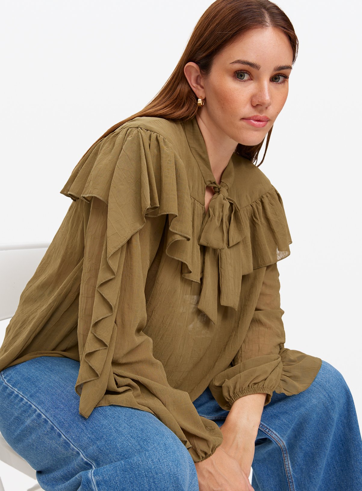 Green Tie Neck Frill Blouse 10