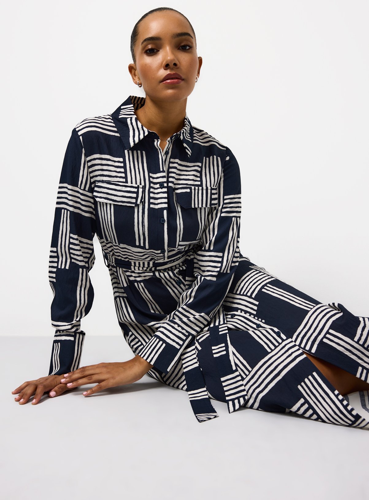 Navy Geometric Printed Midi Shirt Dress 