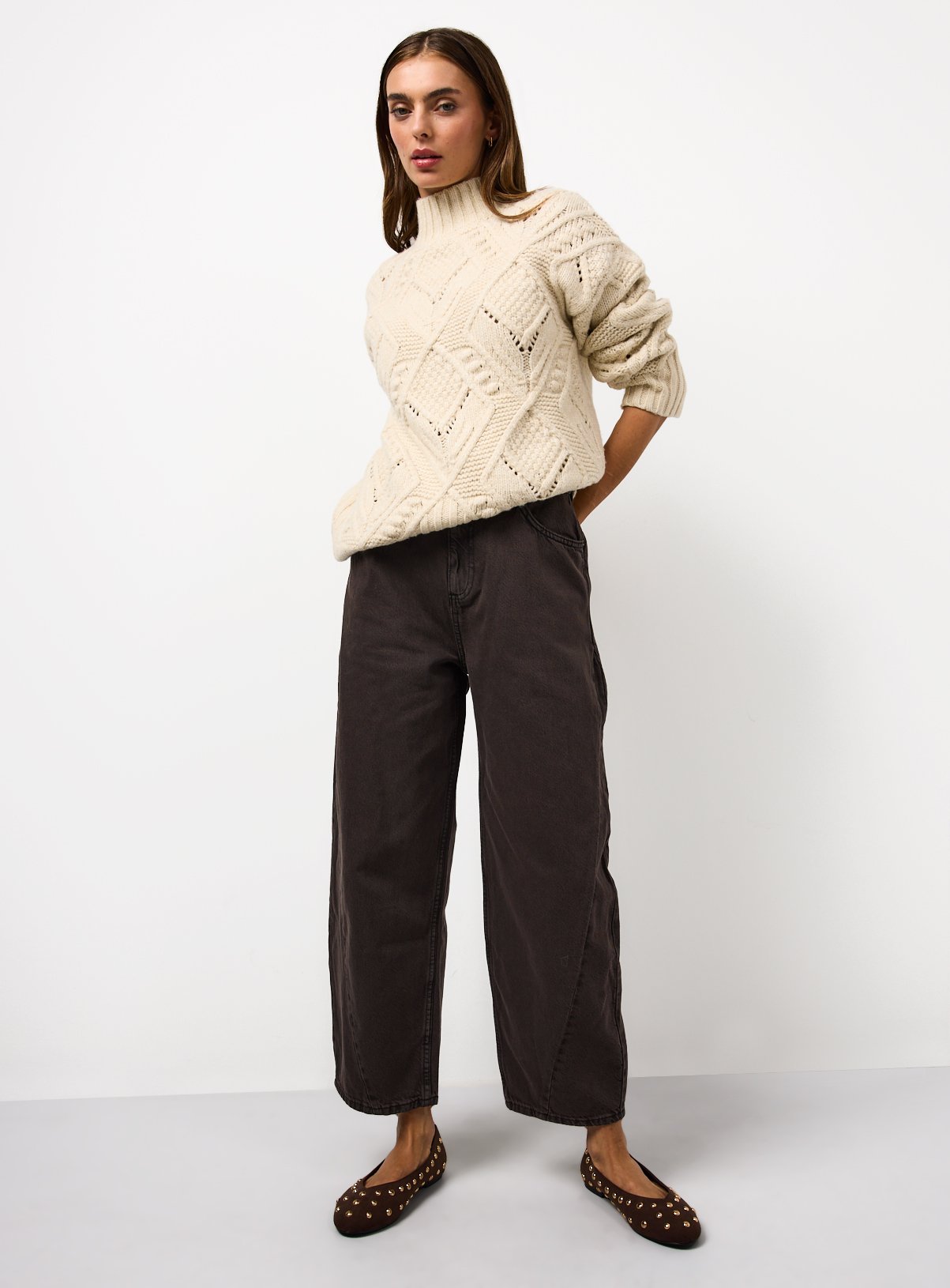 Dark Brown Relaxed Barrel Leg Denim Jeans  