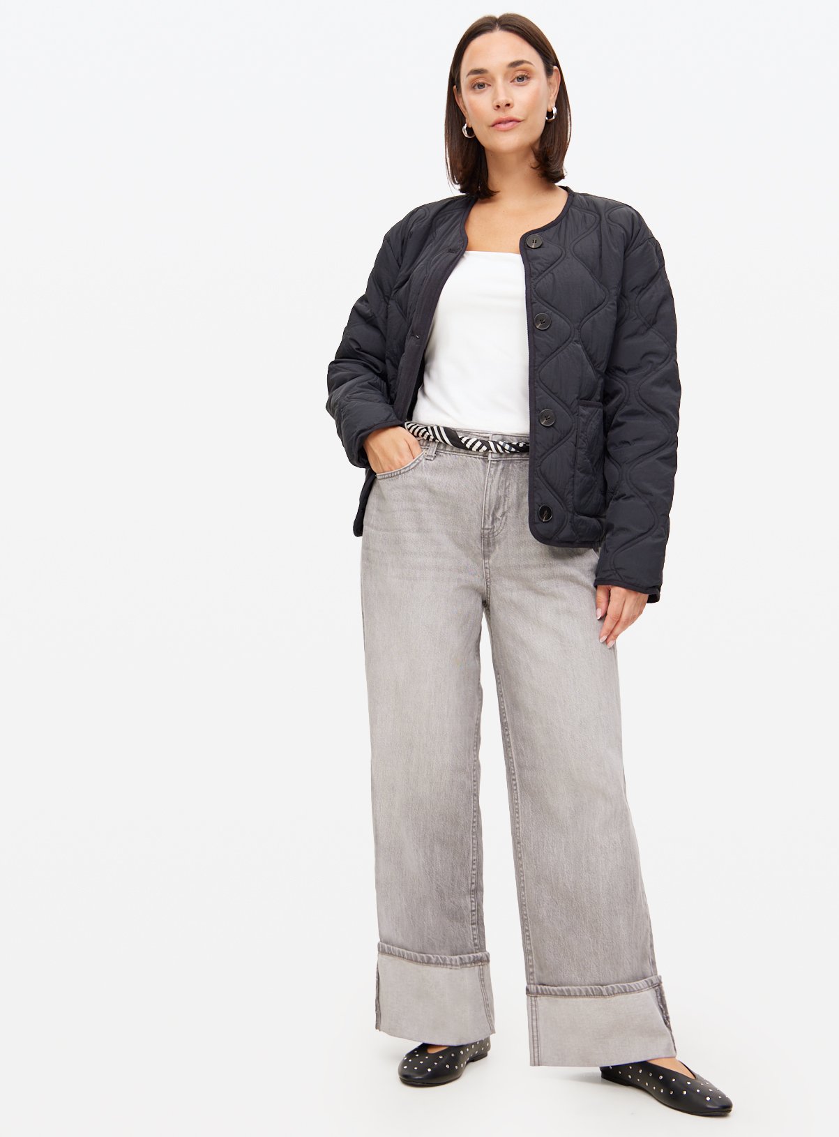 Grey Baggy Wide Leg Turn Up Hem Denim Jeans  14R