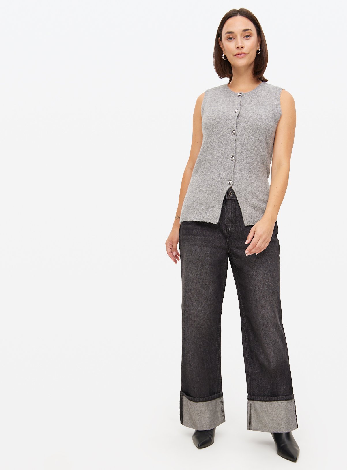 Charcoal Denim Baggy Wide Leg Turn Up Hem Jeans  14R