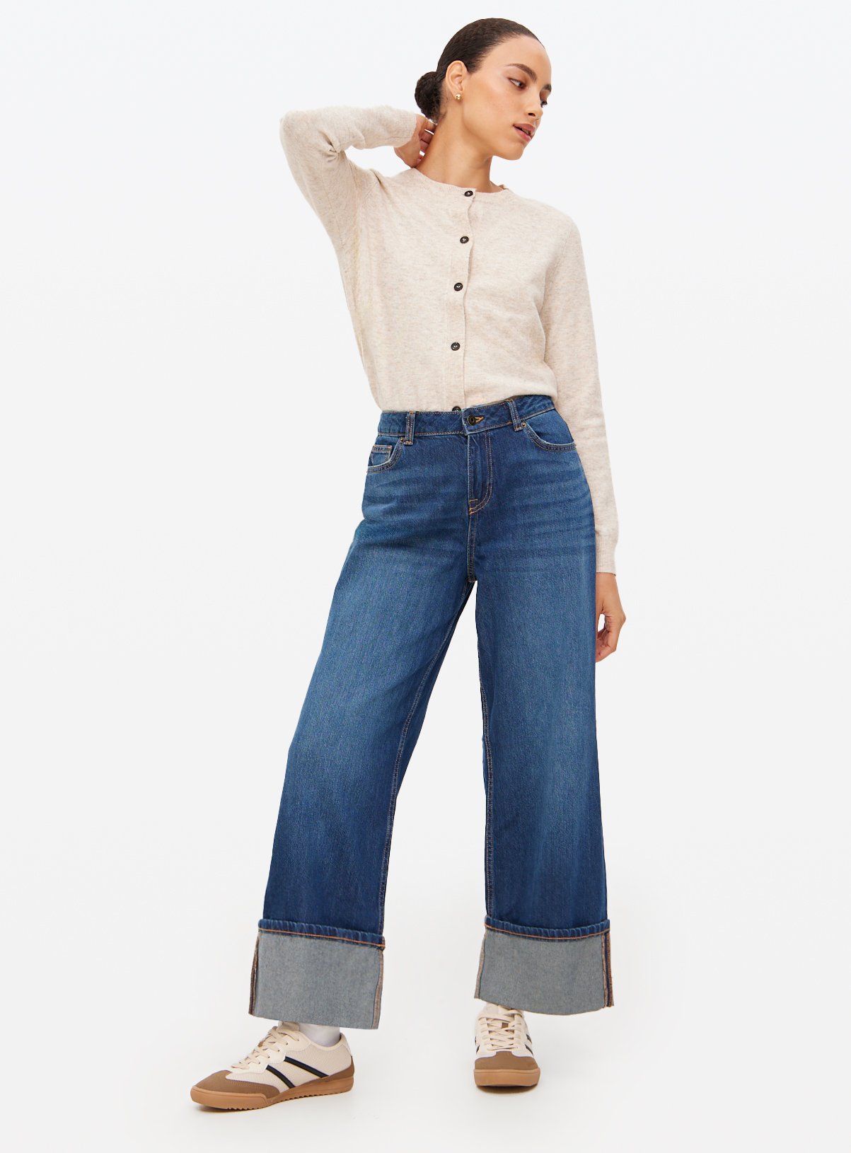 Dark Denim Baggy Wide Leg Turn Up Hem Jeans  
