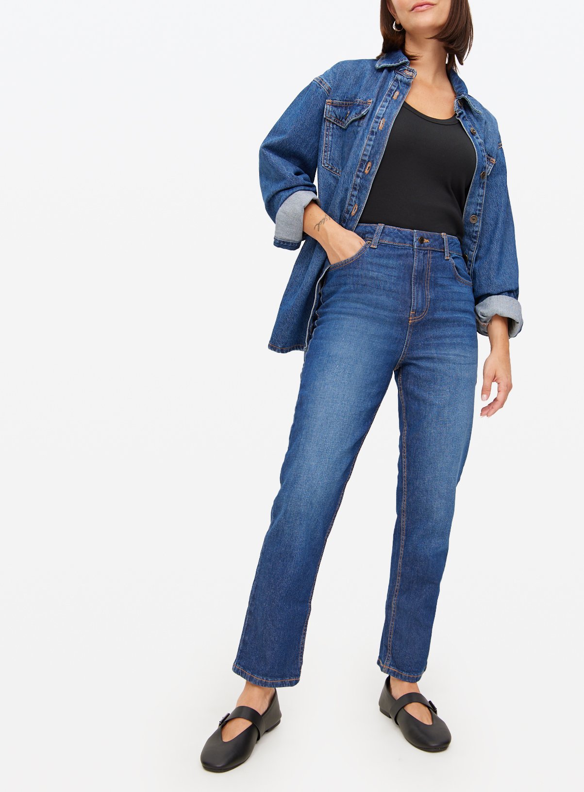 Dark Washed Relaxed Straight Leg Denim Jeans  