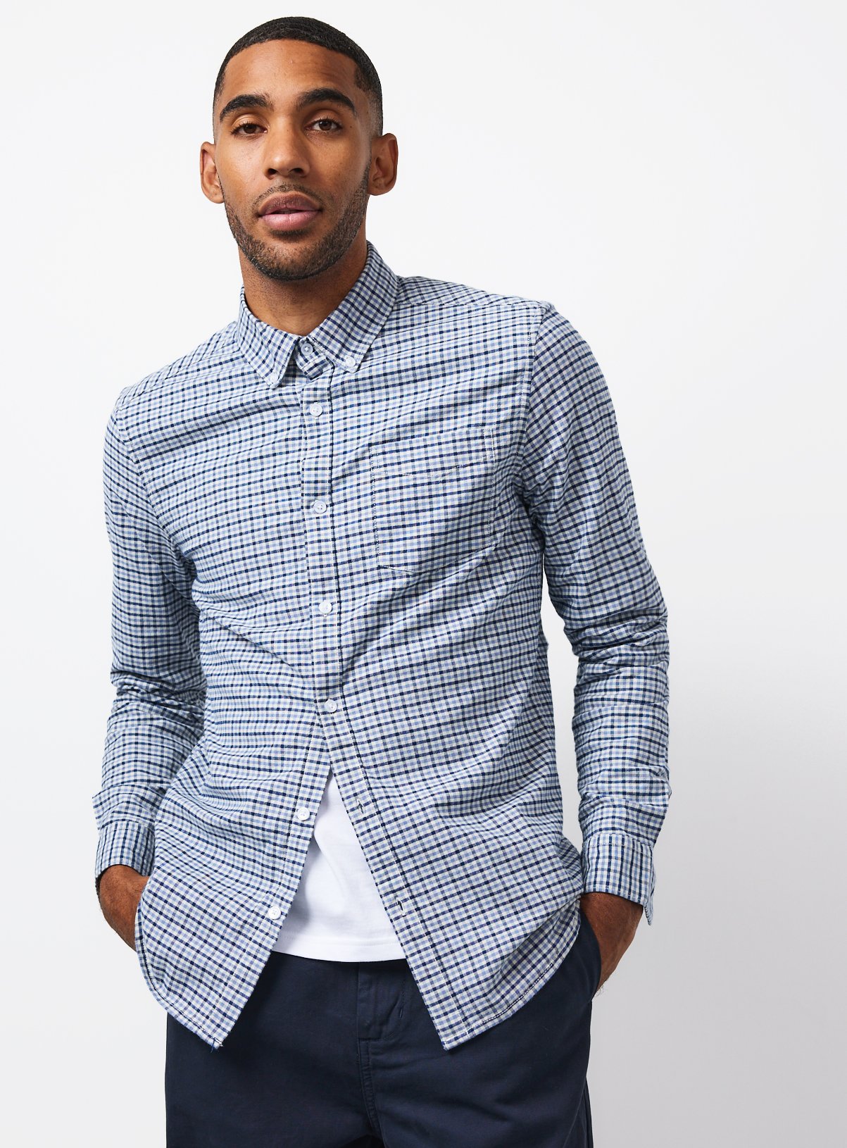 Blue Gingham Check Long Sleeve Slim Fit Oxford Shirt XL