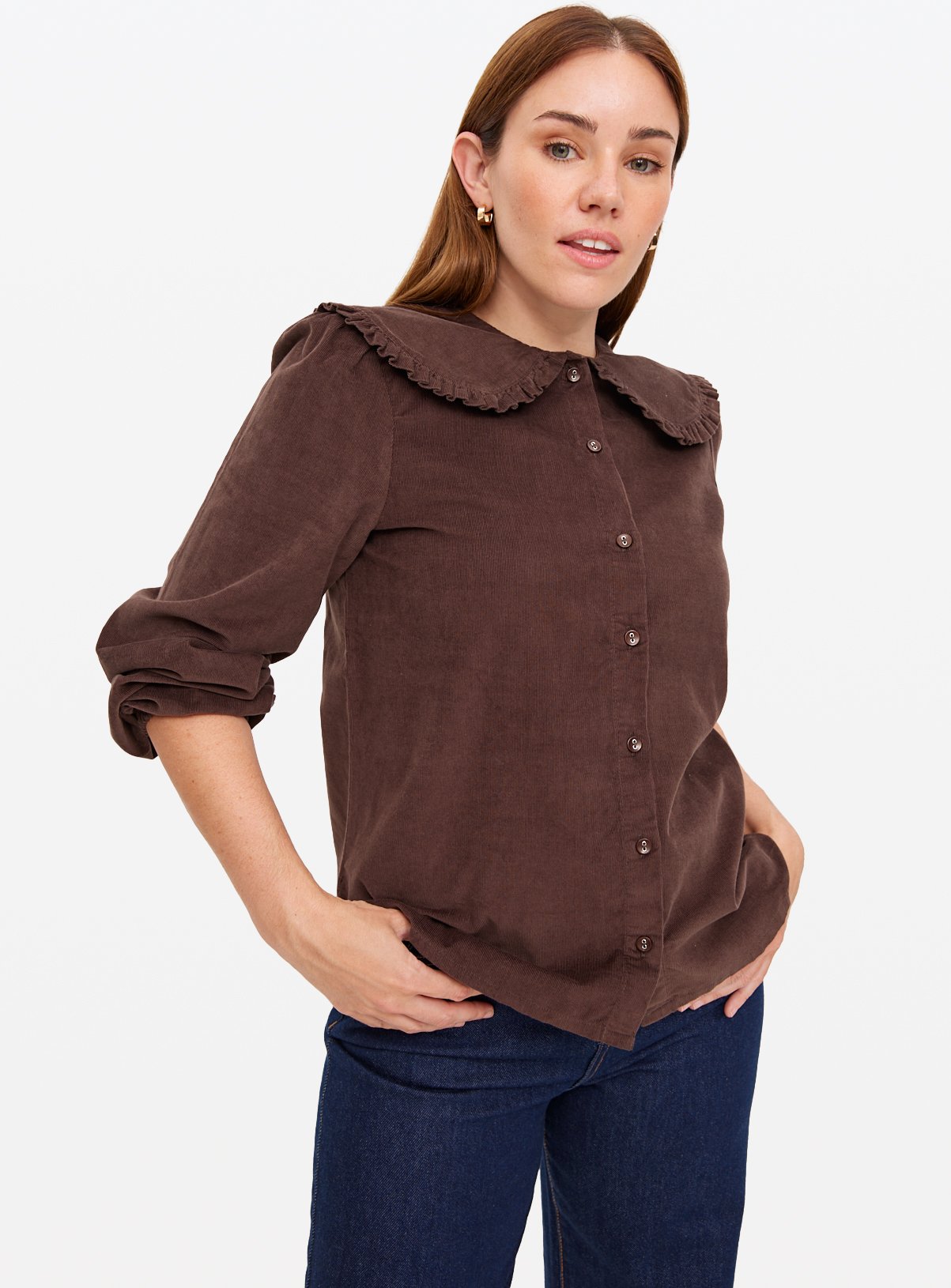 Brown Frill Collar Corduroy Blouse 20