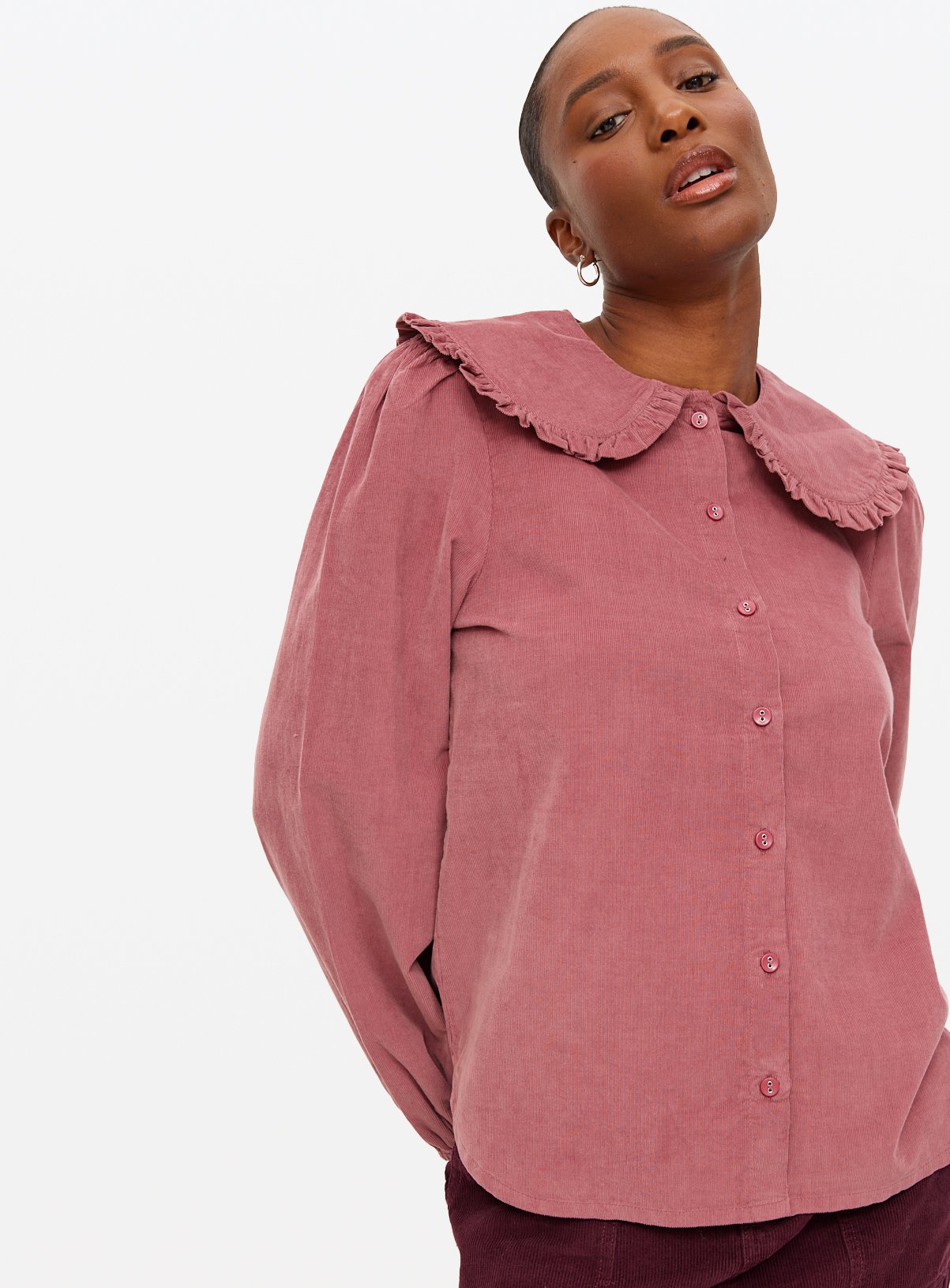 Dark Pink Frill Collar Corduroy Blouse 20