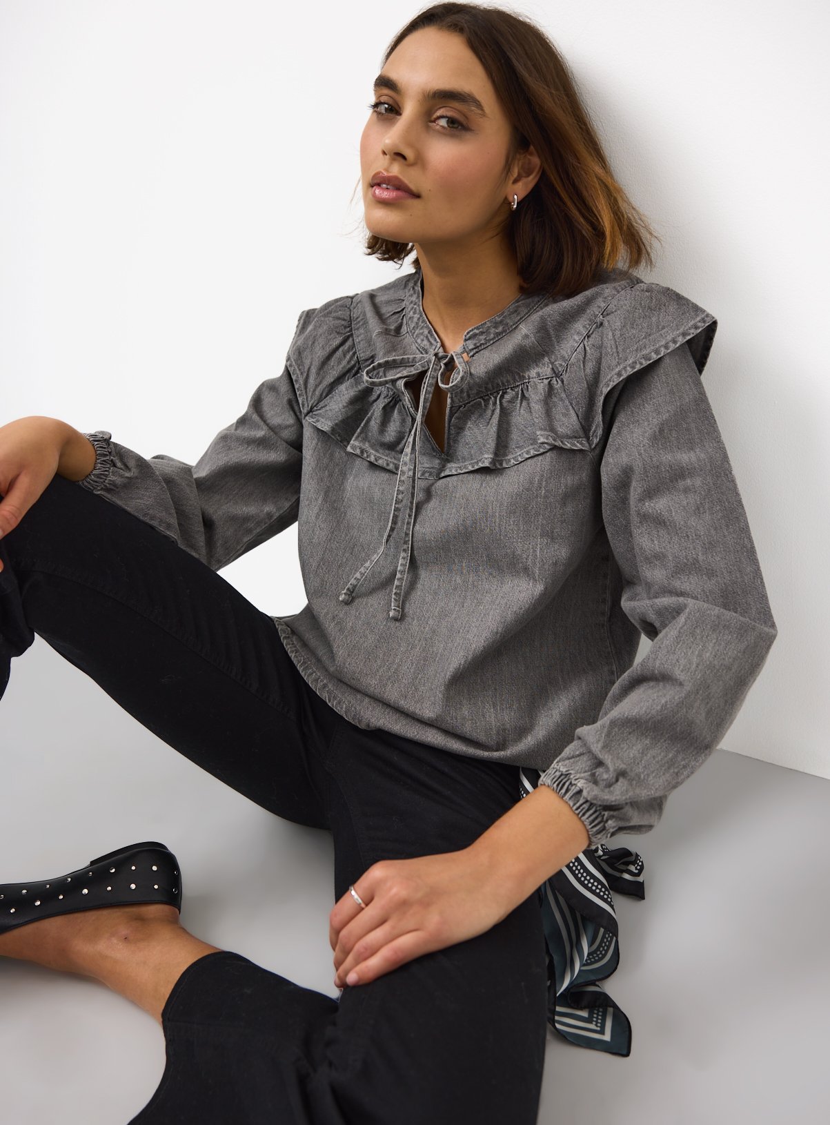 Grey Frill Shoulder Denim Shirt 20
