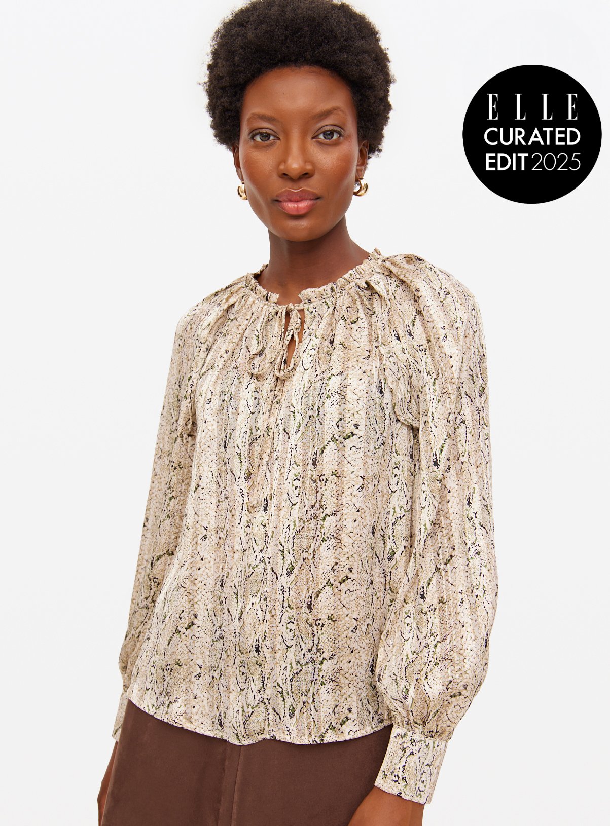 Neutral Snake Printed Frill Detail Blouse  