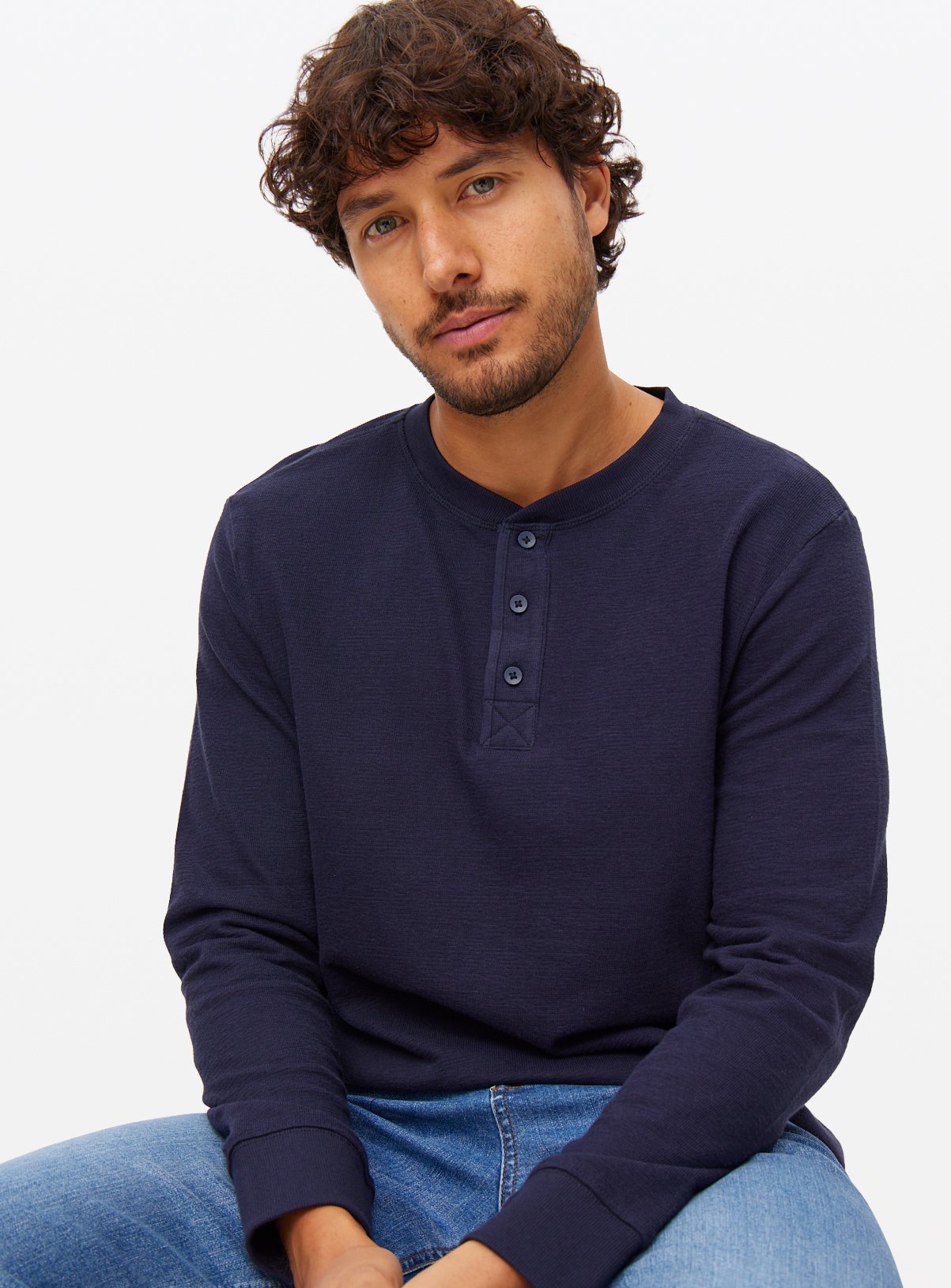 Navy Jersey Grandad Collar Long Sleeve Top XXL