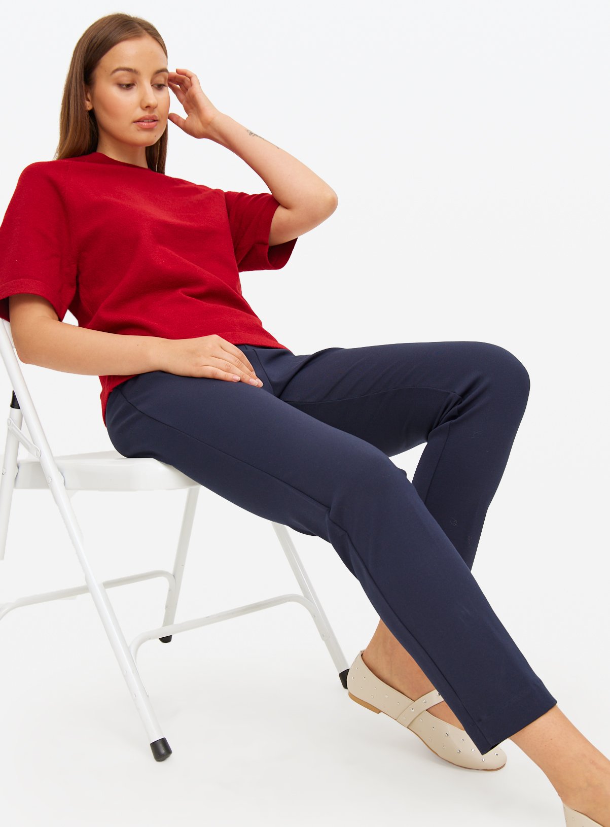 Navy Tapered Ponte Trousers  