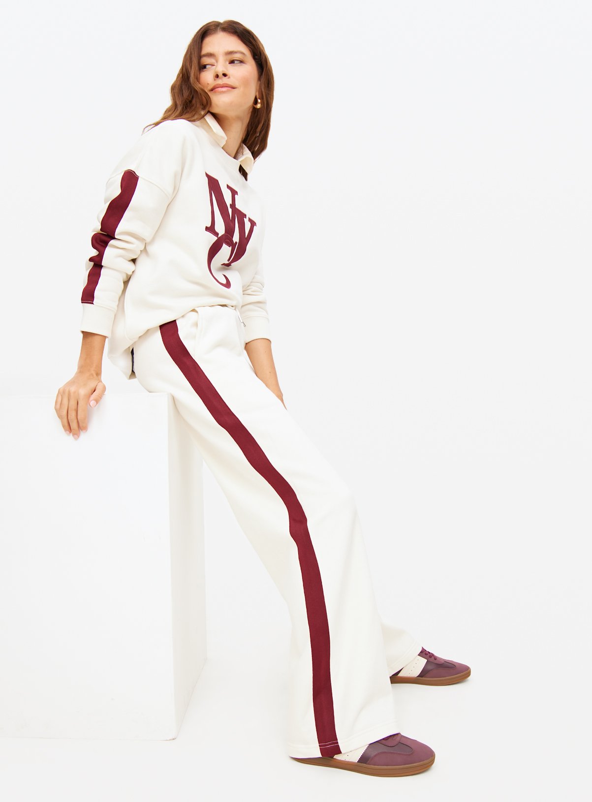 Cream Side Stripe Wide Leg Co-ord Joggers