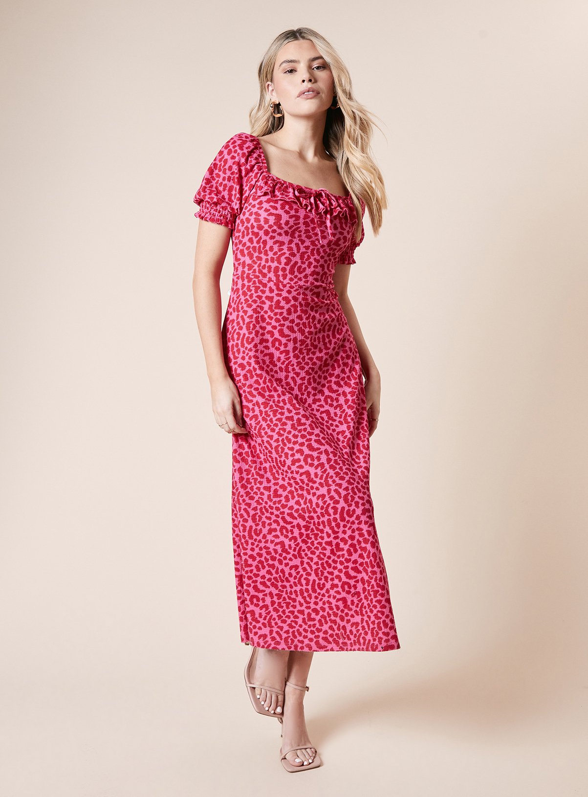 DOROTHY PERKINS Pink Animal Square Neck Frill Midi Dress 