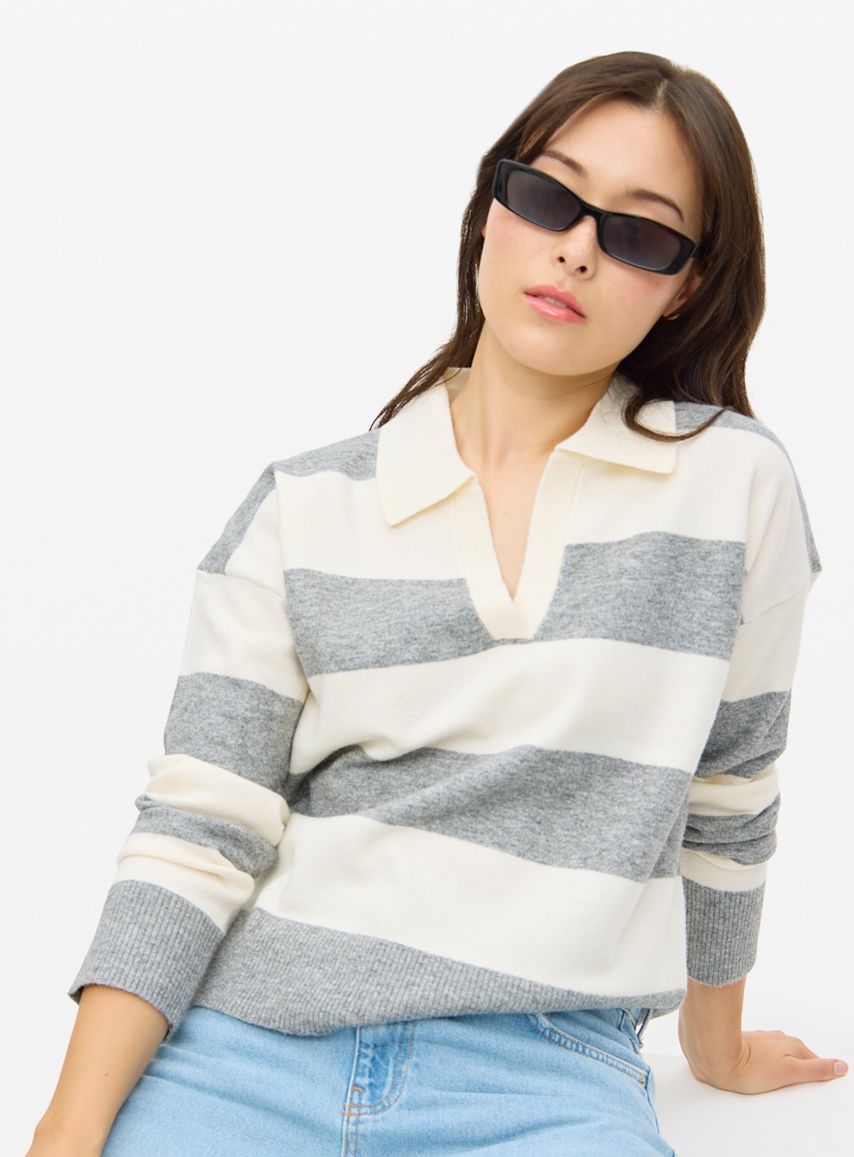 Grey Striped Cosy Yarn Collared Jumper