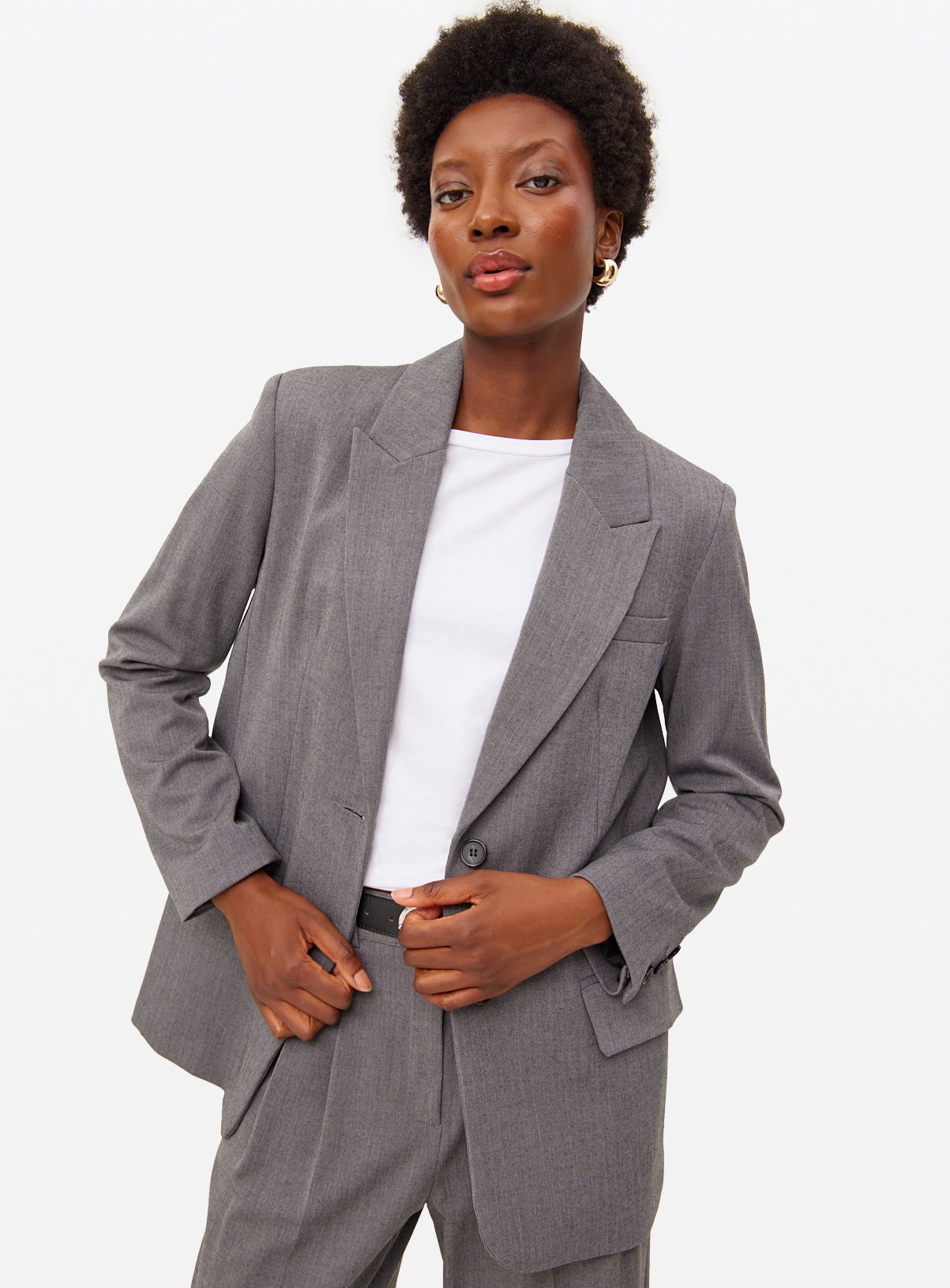 Grey Herringbone Single Breasted Blazer 