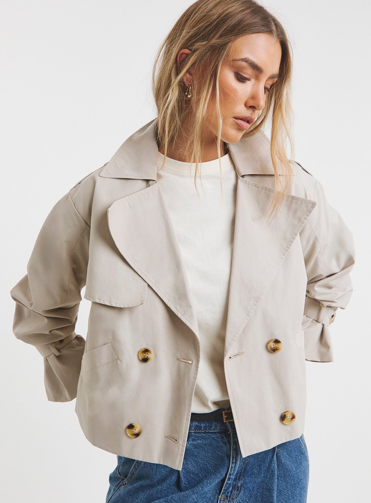 SIMPLY BE Cropped Trench Coat Stone