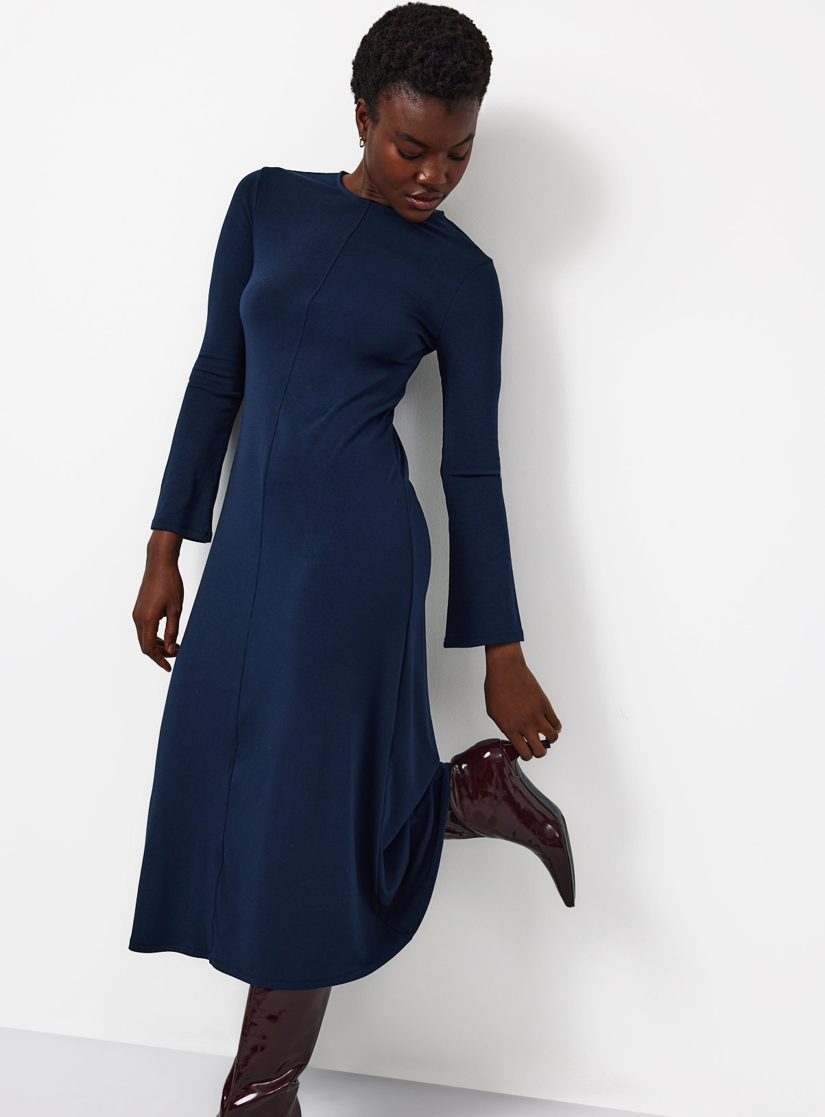 Navy Stitch Detail Long Sleeve Midaxi Dress 20