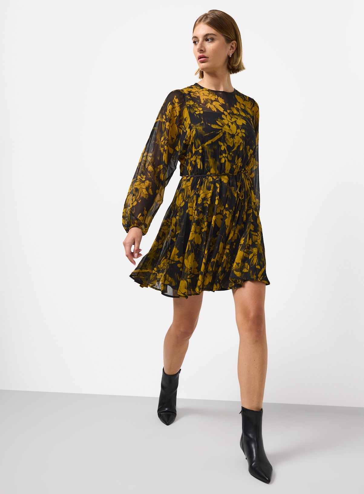 Green Floral Printed Mini Chiffon Dress 