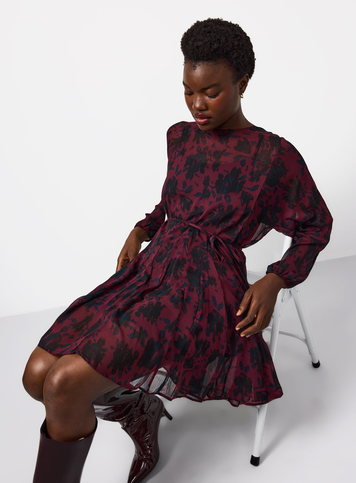 Dark Red Abstract Floral Mini Chiffon Dress 
