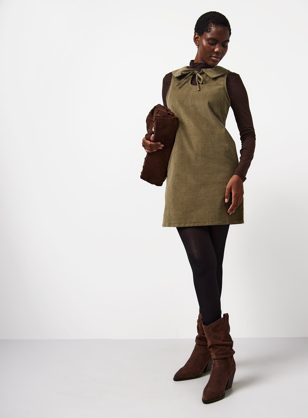 Tie-Collar Corduroy Pinafore Dress