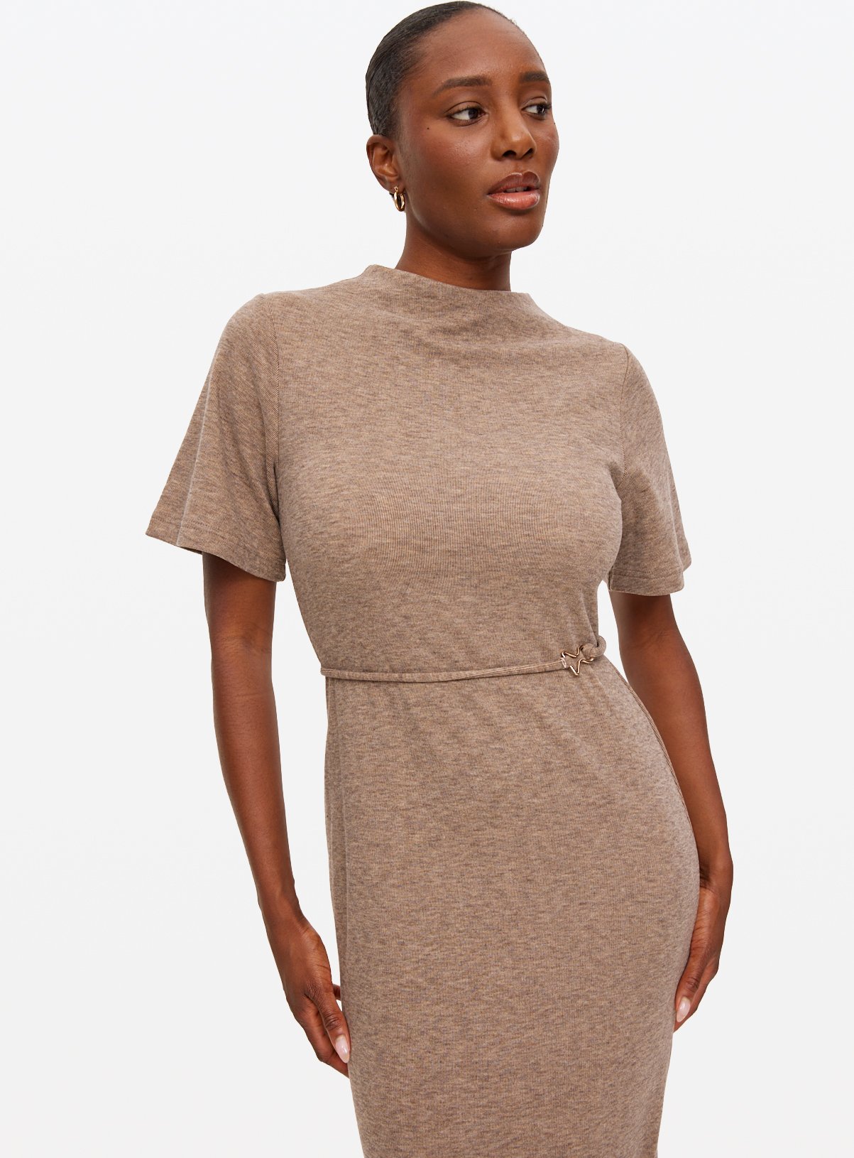 Neutral Soft Knitted Belted Midi Dress 