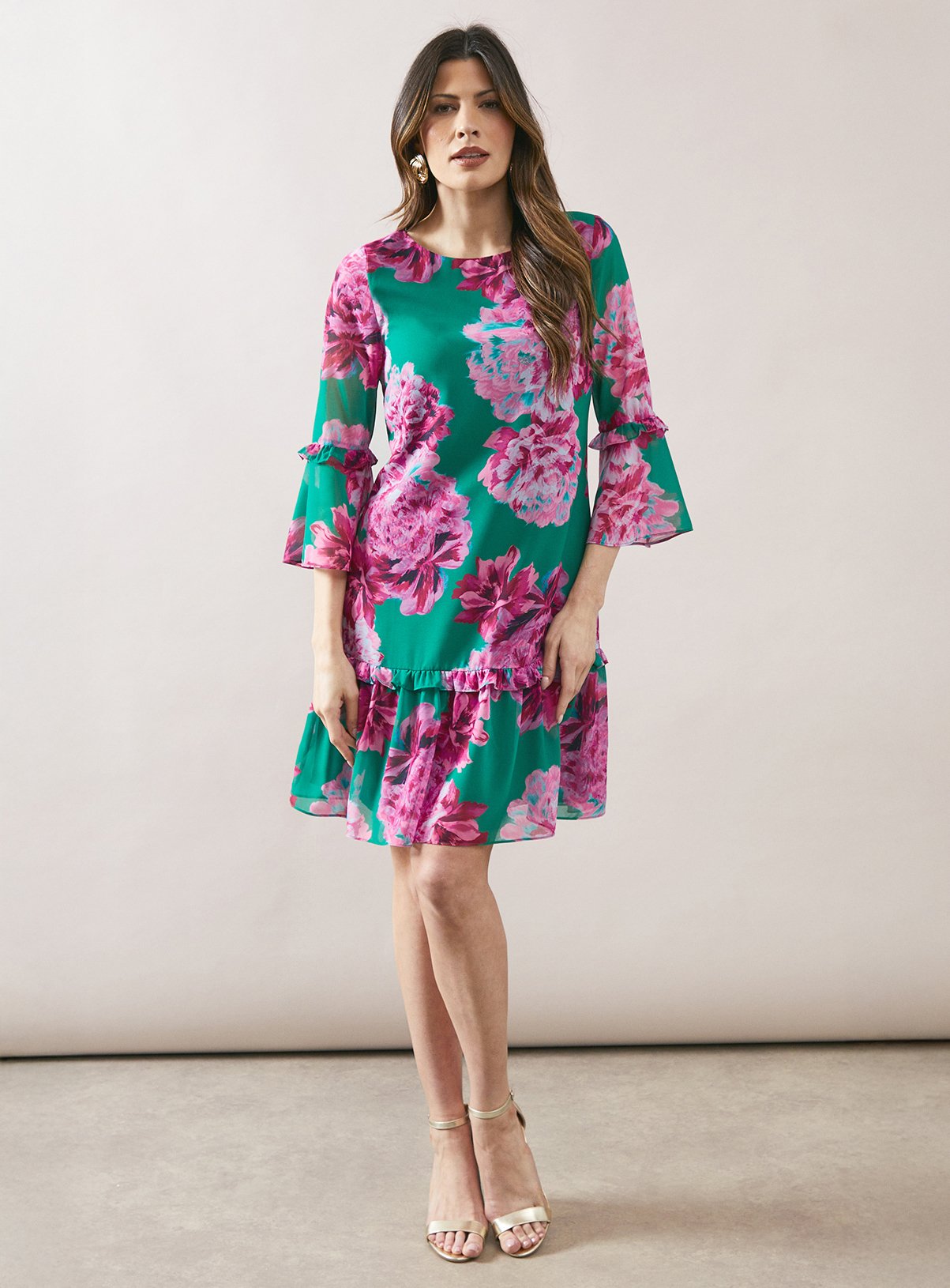 WALLIS Floral Ruffle Sleeve Drop Hem Shift Dress 16