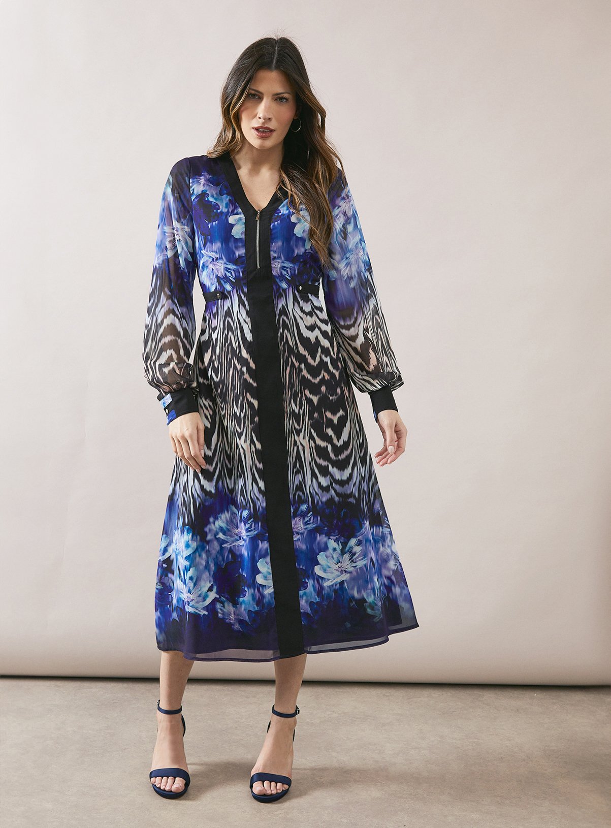 WALLIS Zip Front Floral Border Midi Dress 