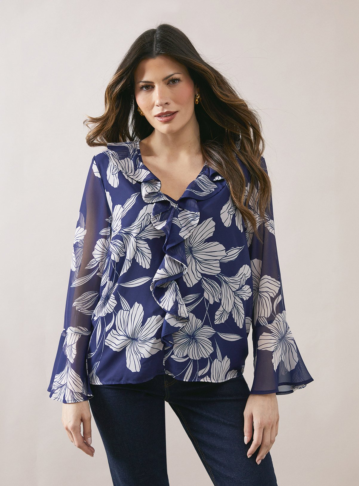 WALLIS Navy Floral Ruffle Detail Blouse 