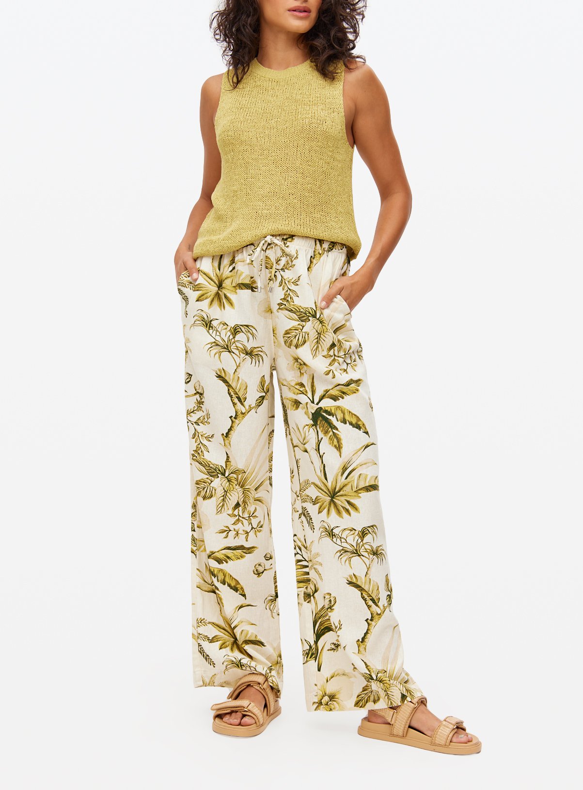 Palm Printed Linen Blend Wide Leg Trousers 