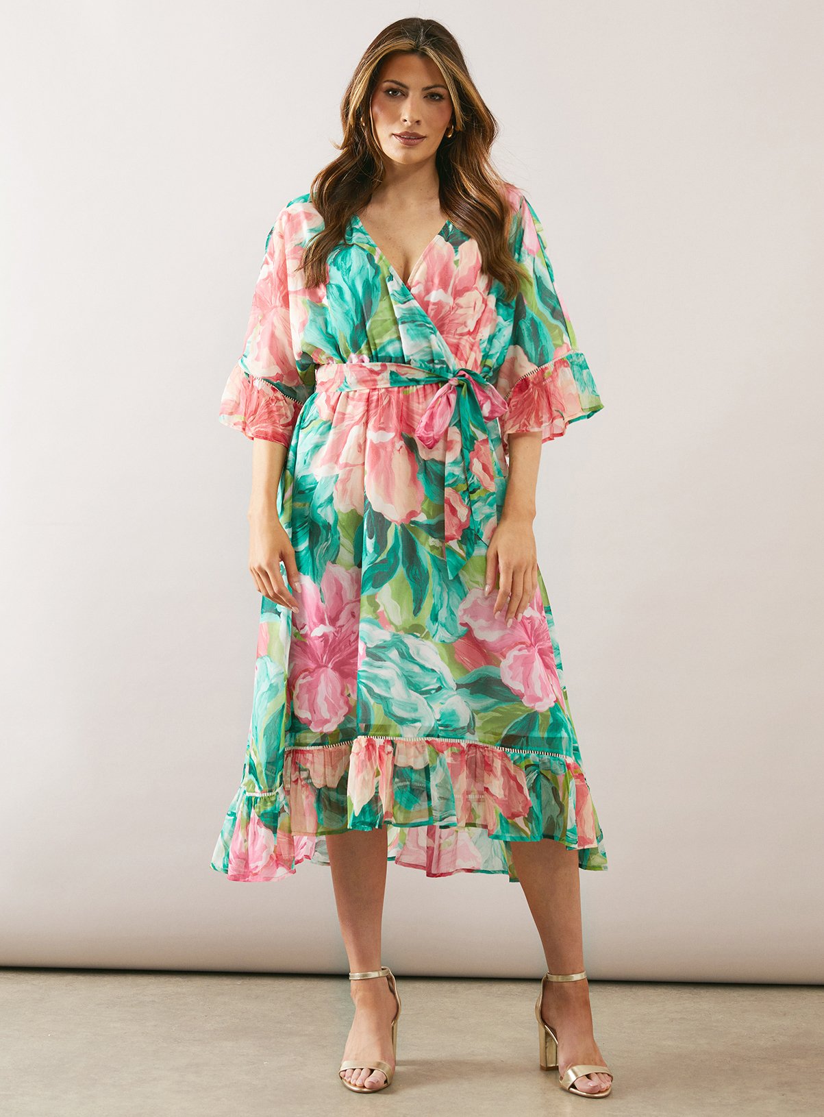 WALLIS Floral Drop Hem Frill Midi Dress 