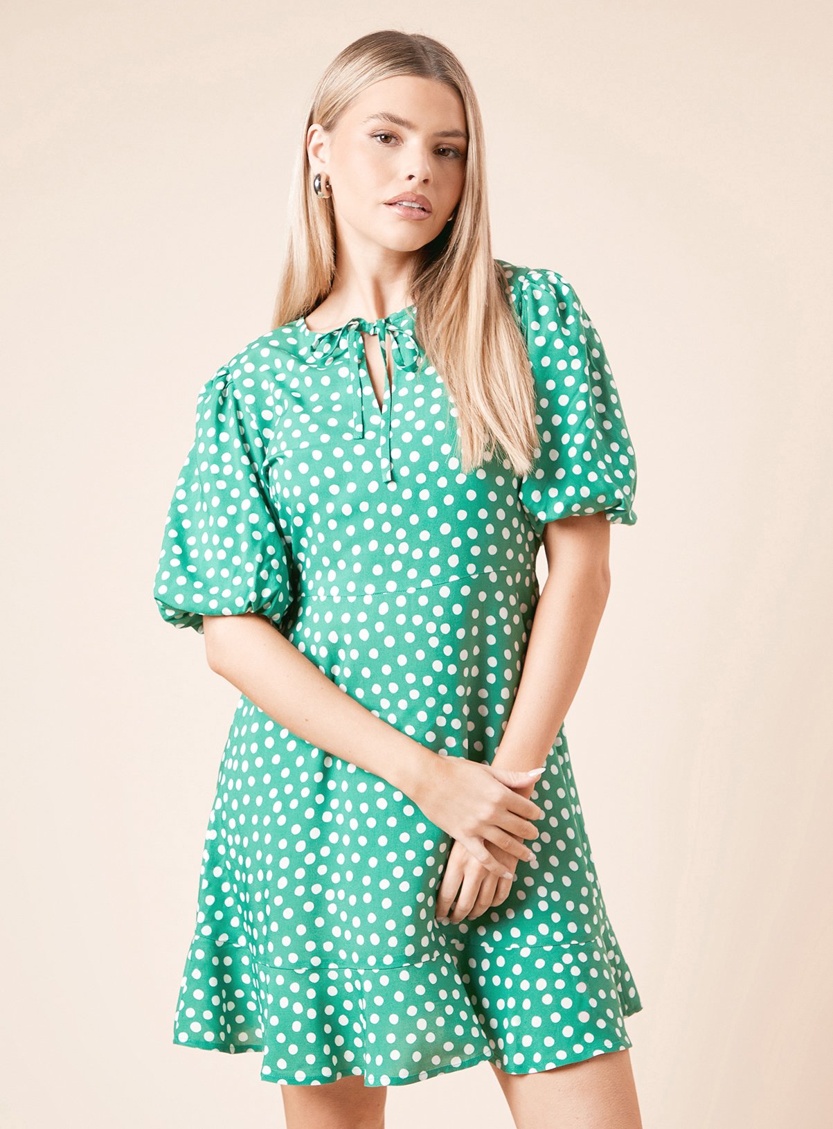 DOROTHY PERKINS Green Spot Tie Front Puff Sleeve Mini Dress 