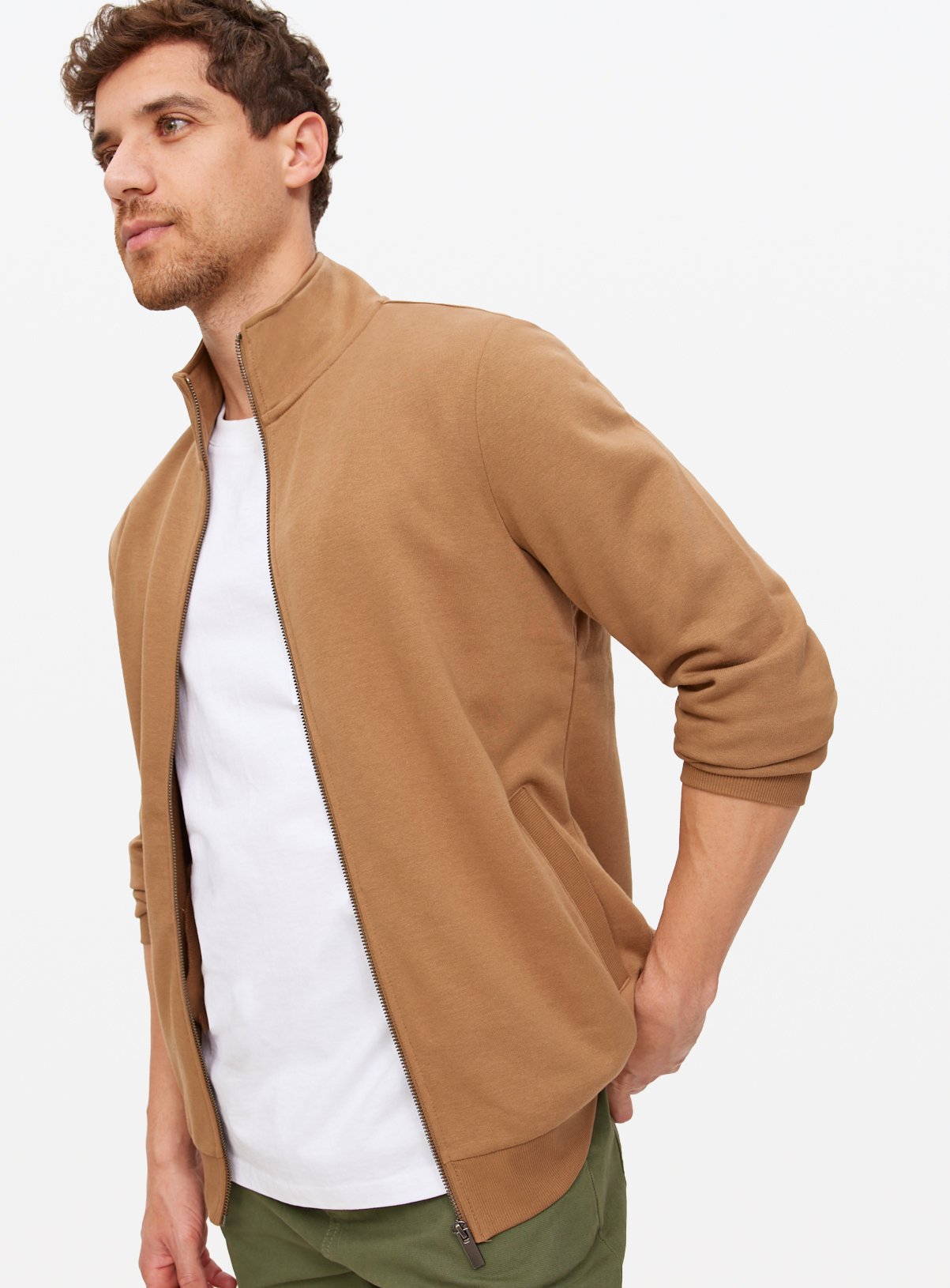 Tan Brown Funnel Neck Full Zip Sweatshirt XXXL