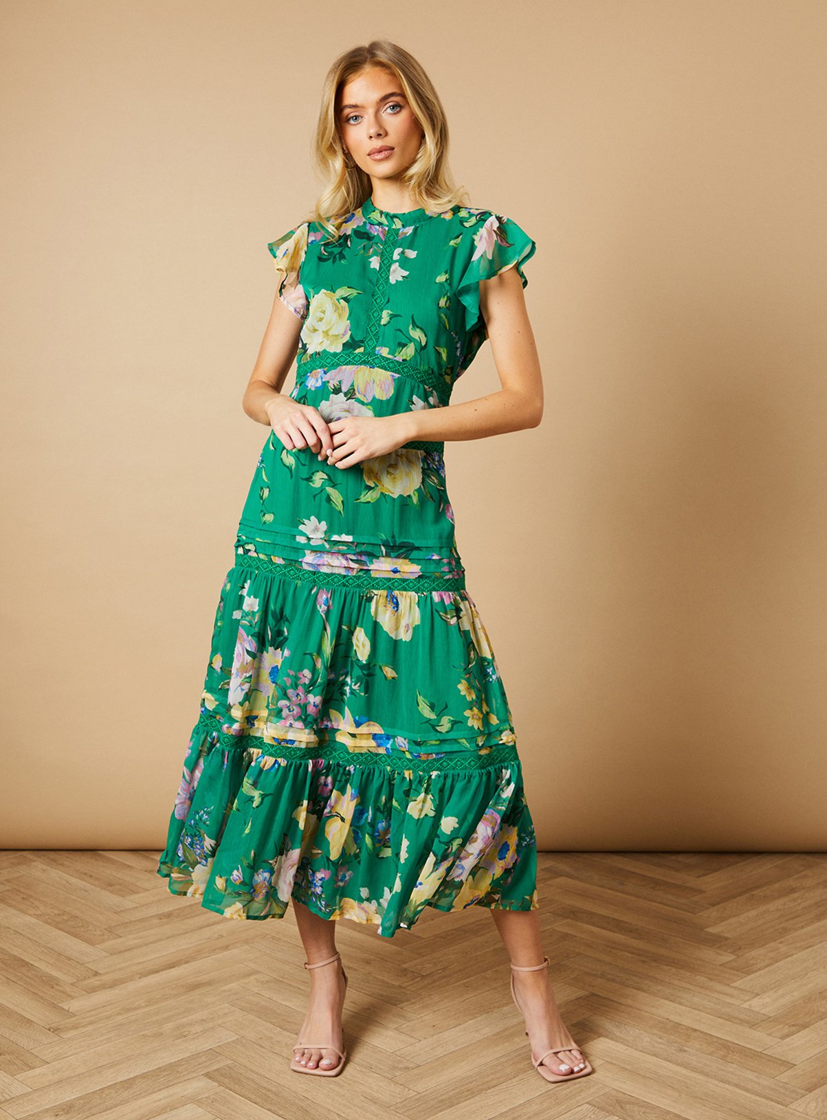 OASIS Floral Printed Chiffon Lace Insert Dress