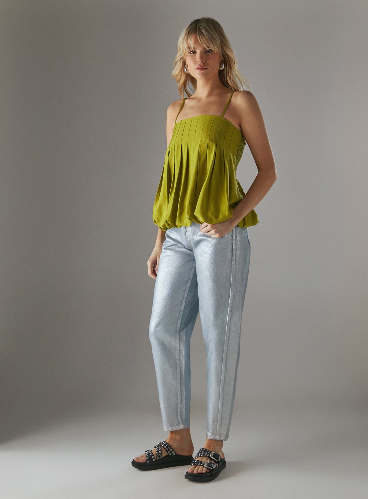 WAREHOUSE Metallic Denim Barrel Leg Jean 