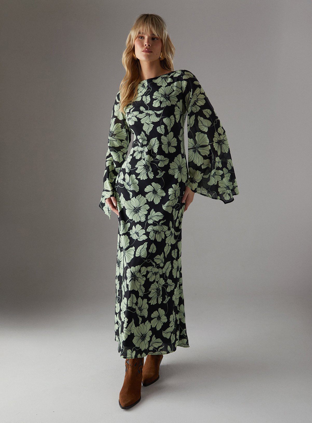 WAREHOUSE Column Low Back Maxi With Flared Sleeve 