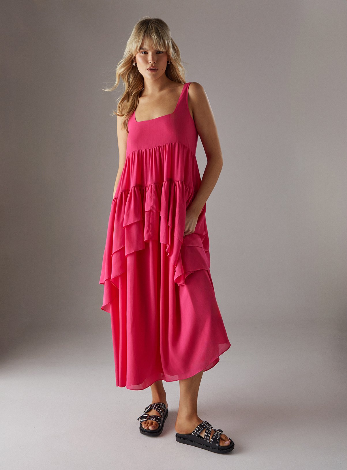 WAREHOUSE Chiffon Ruffle Tier Smock Midi Sundress 