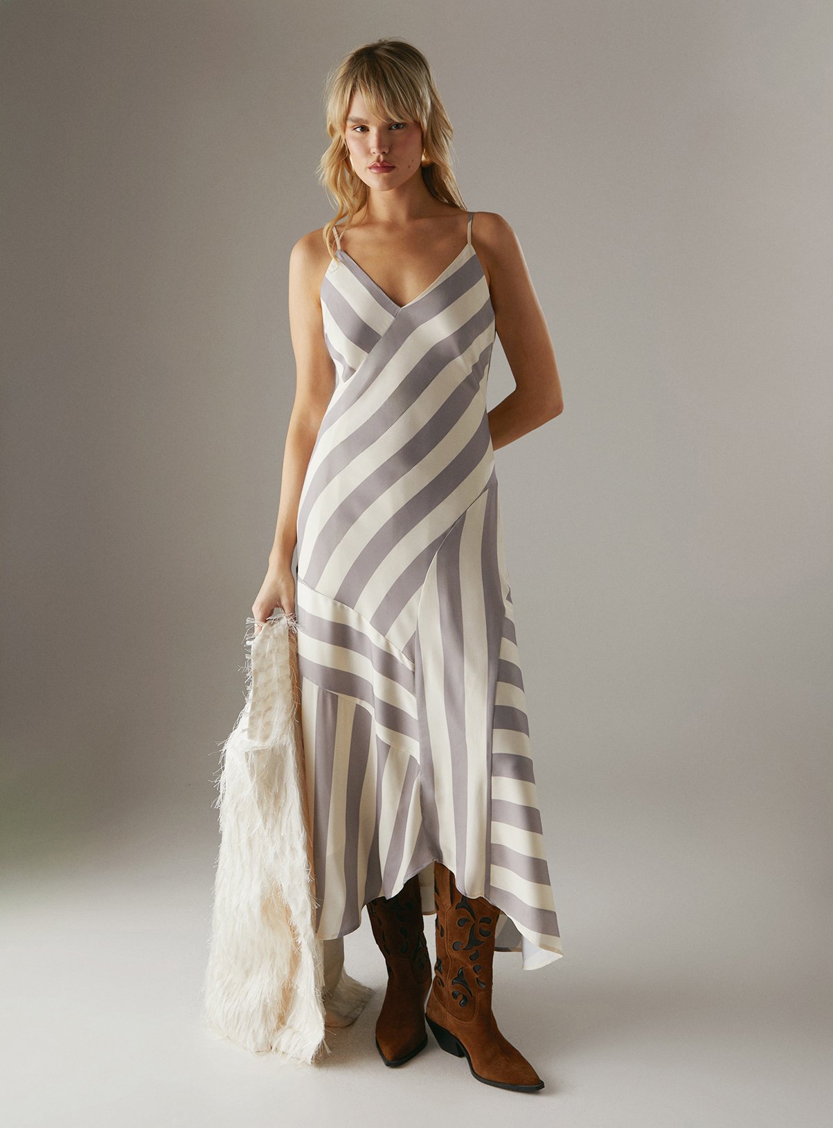 WAREHOUSE Cutabout Stripe Strappy Midi Slip Dress 