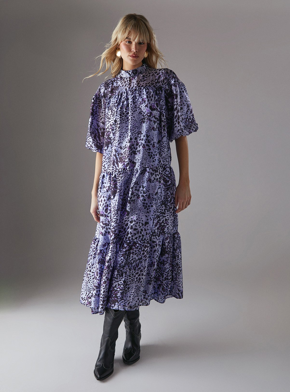 WAREHOUSE Organza High Neck Tier Midi Smock Dress