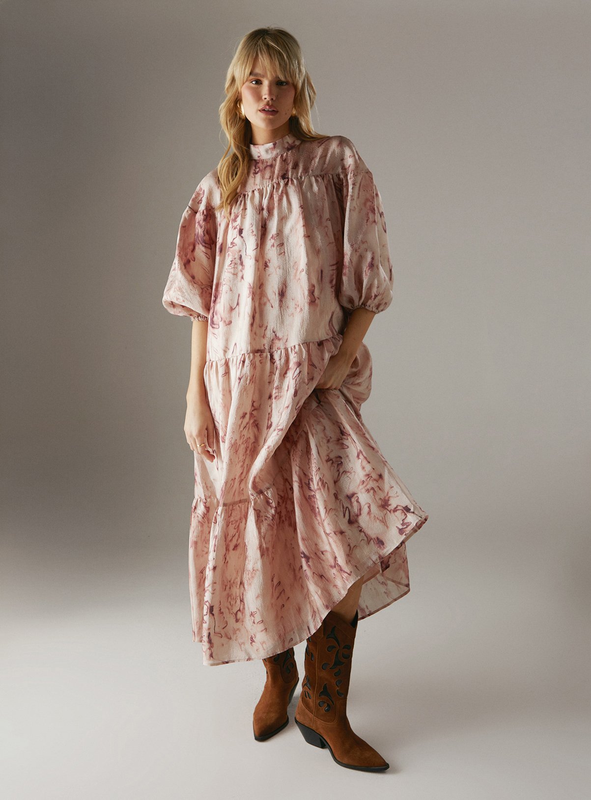WAREHOUSE Organza High Neck Tier Midi Smock Dress 14