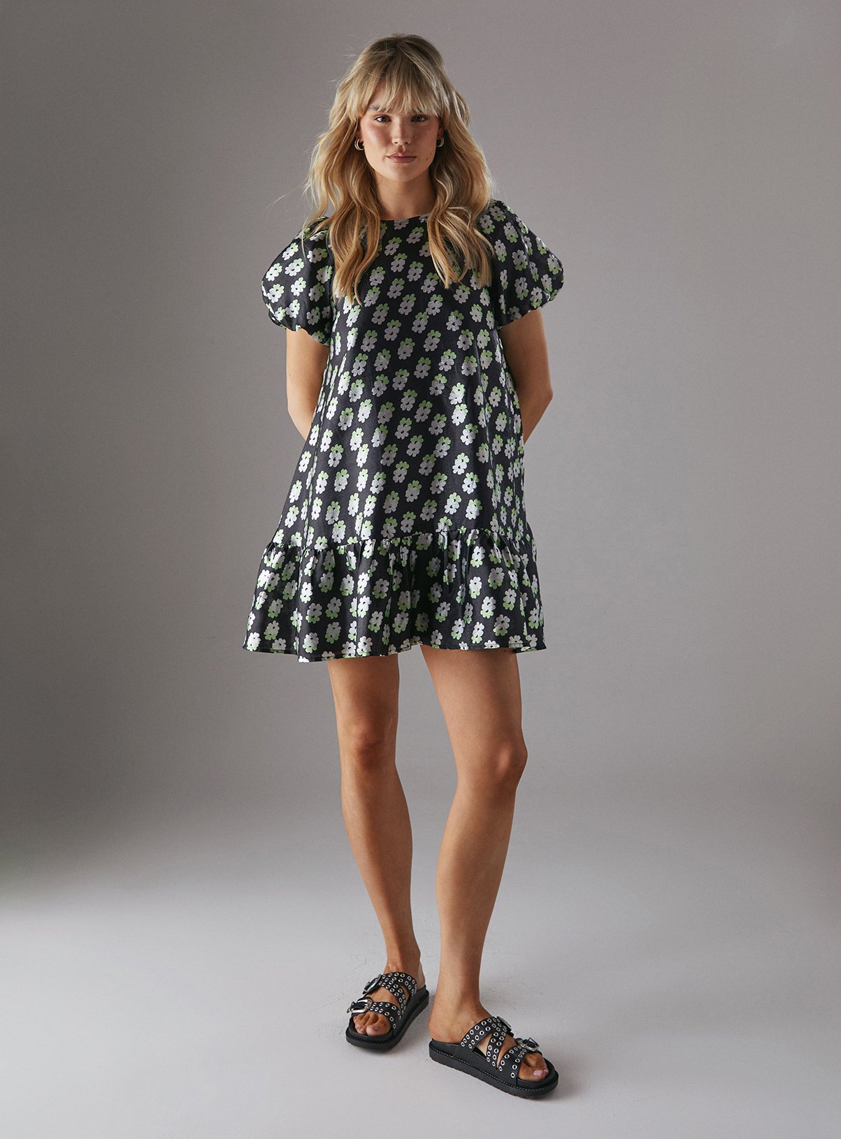 WAREHOUSE Organza Puff Sleeve Swing Mini Dress 