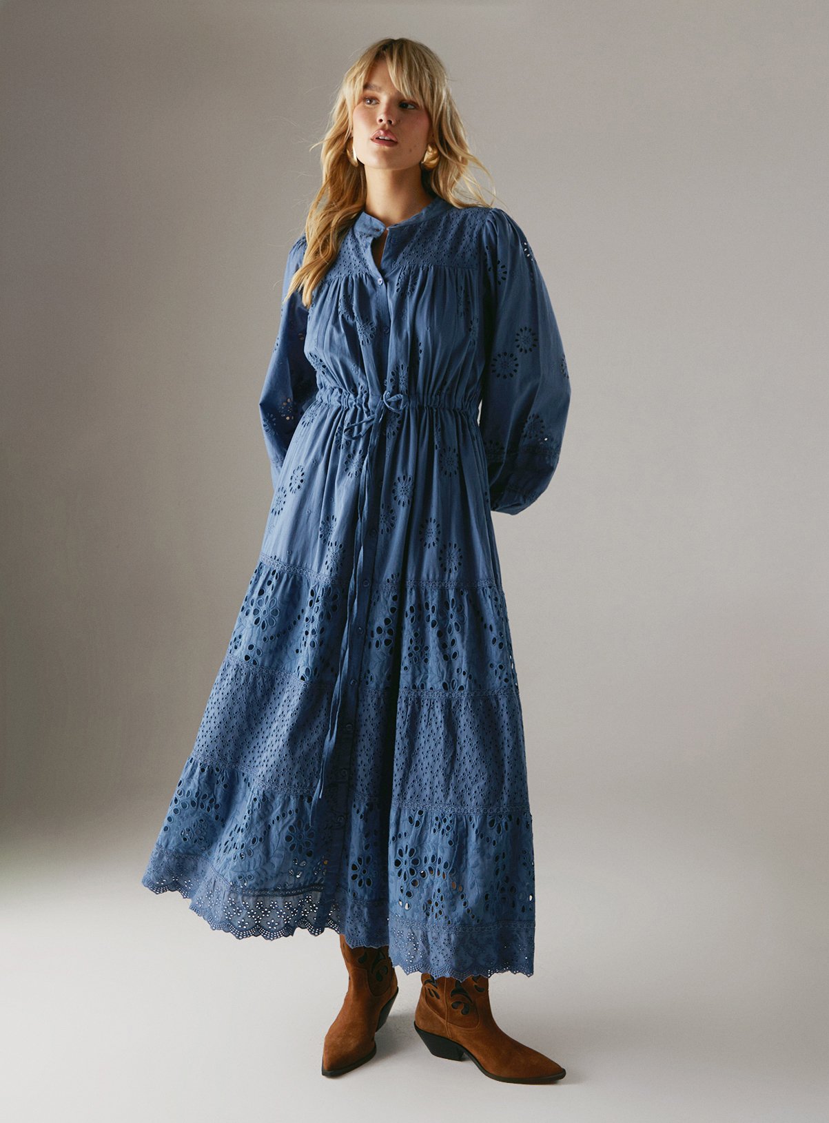 WAREHOUSE Broderie Drawstring Waist Midi Dress 