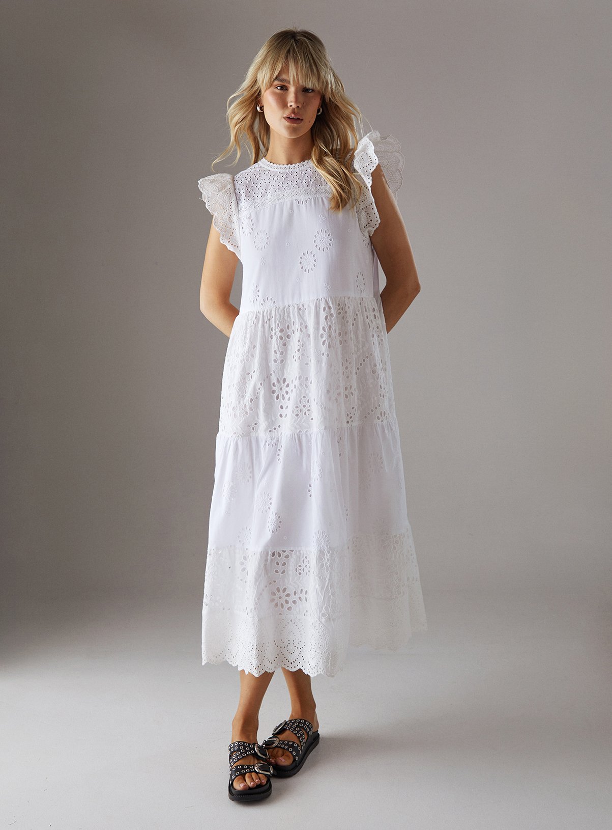 WAREHOUSE Broderie Mix Tiered Midi Dress