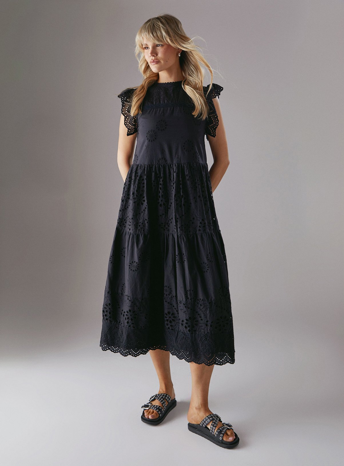 WAREHOUSE Broderie Mix Tiered Midi Dress 
