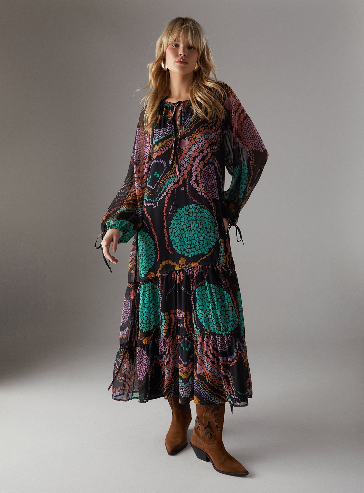 WAREHOUSE Chiffon Drawstring Detail Midaxi Smock Dress 