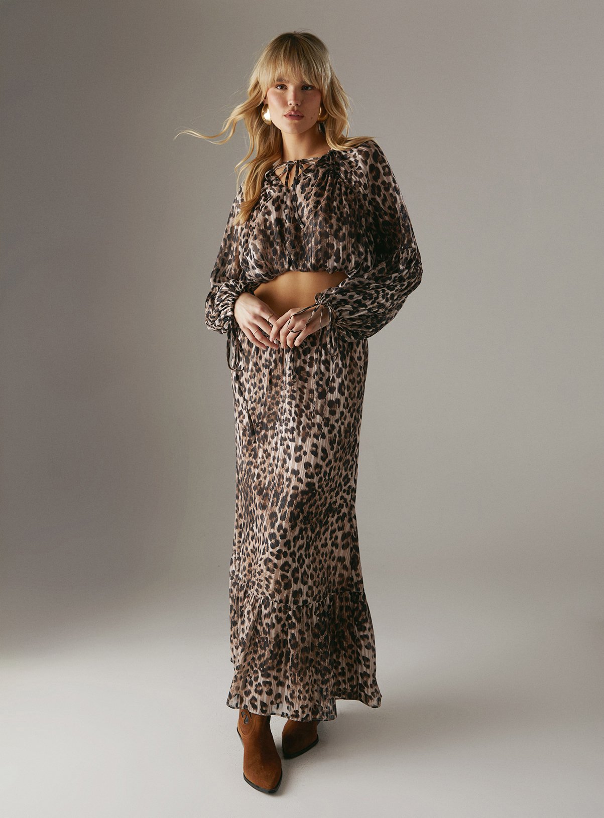 WAREHOUSE Animal Shadow Stripe Cropped Bubble Hem Boho Co-ord Blouse