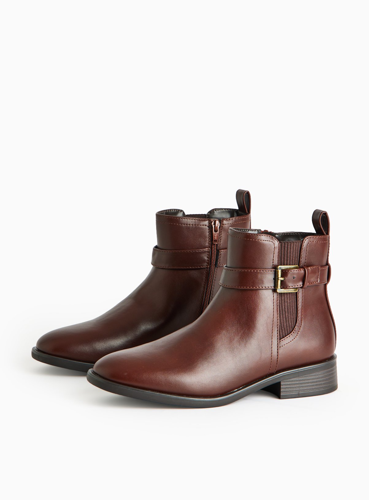 Brown Faux Leather Buckle Chelsea Boots  