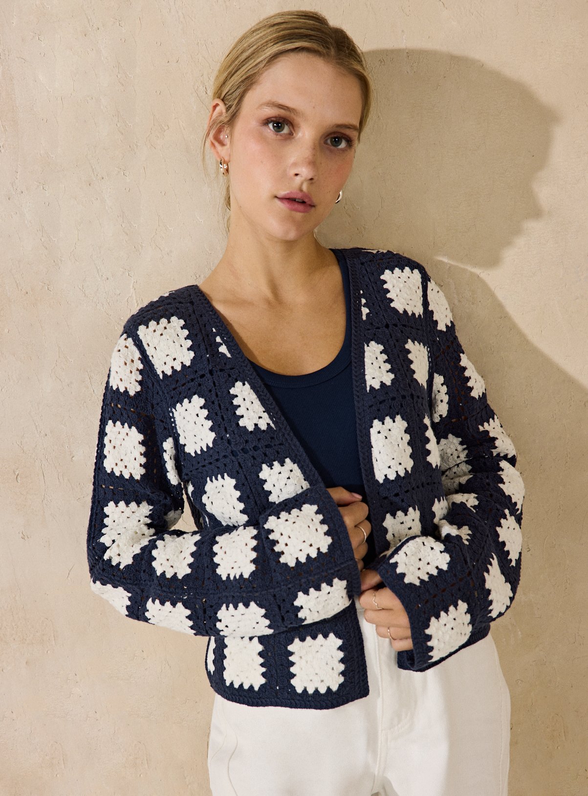 EVERBELLE Navy Crochet Knitted Cardigan 