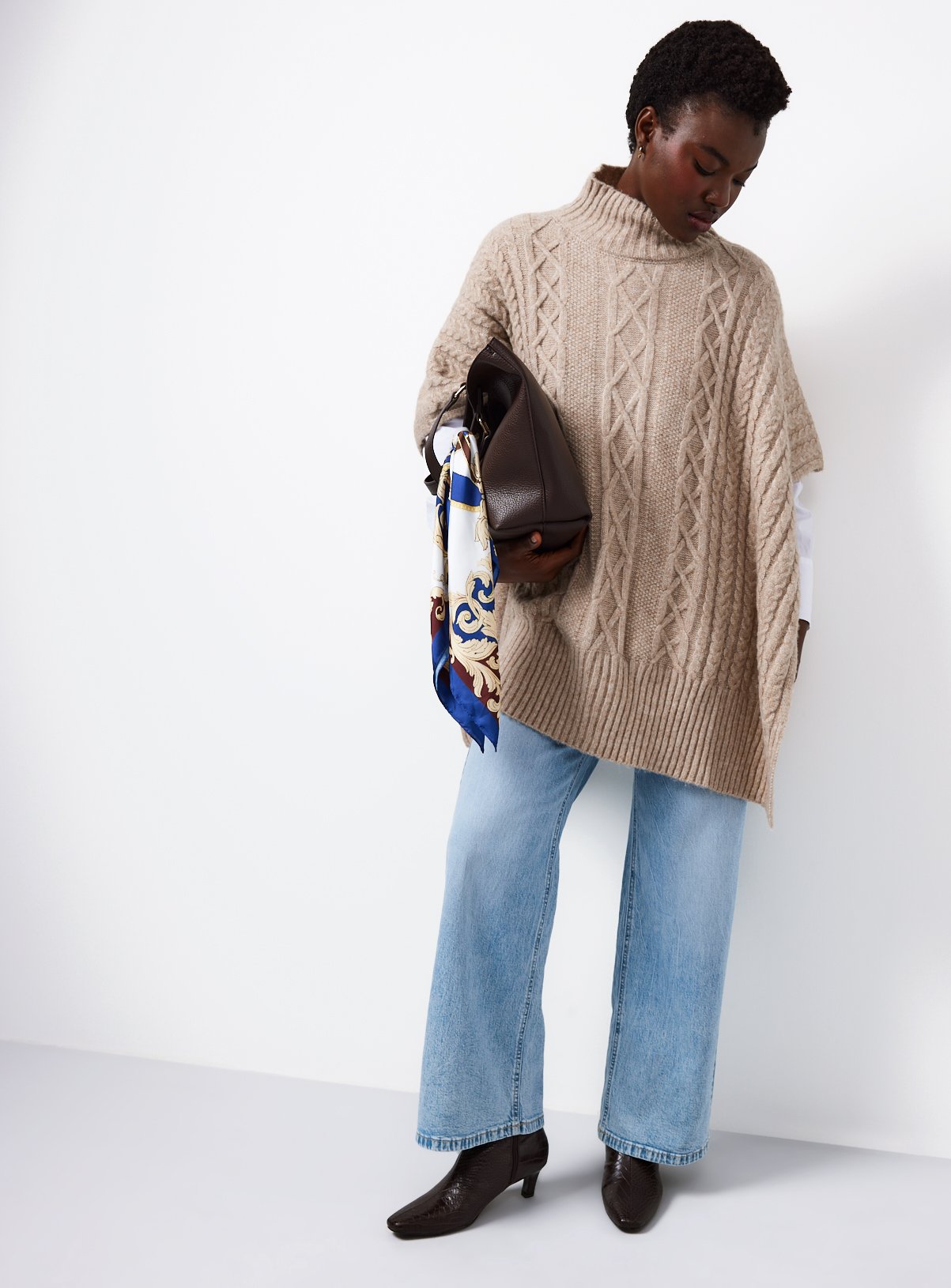 Neutral High Neck Cable Knitted Poncho One Size