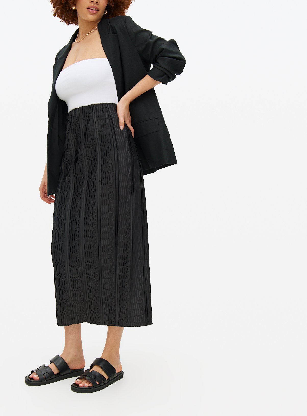 Black Plisse Midi Skirt 