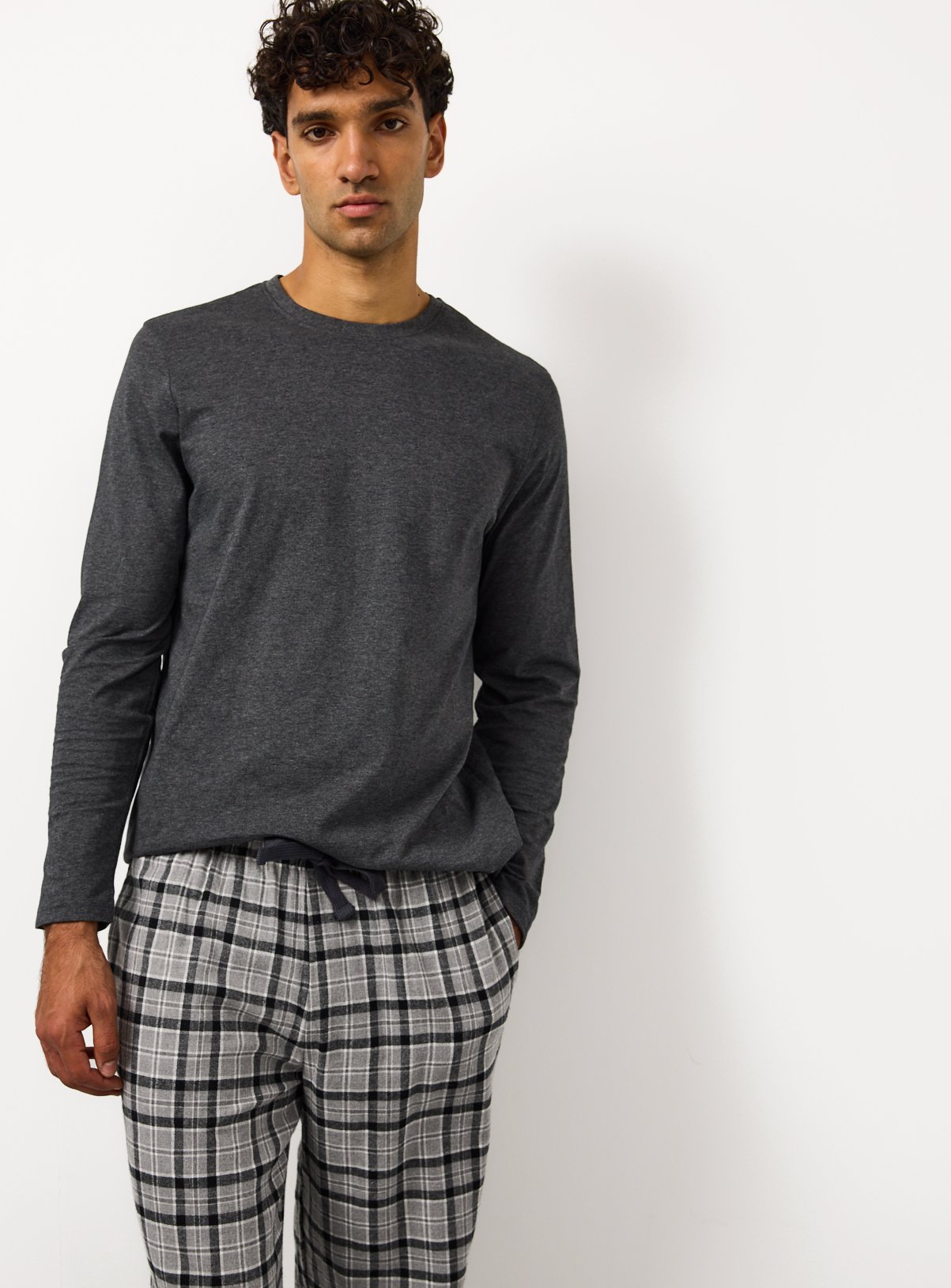 Charcoal Marl And Grey Check Woven Pyjamas 