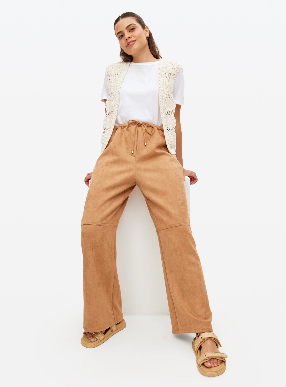 Tan Faux Suede Wide Leg Trousers  